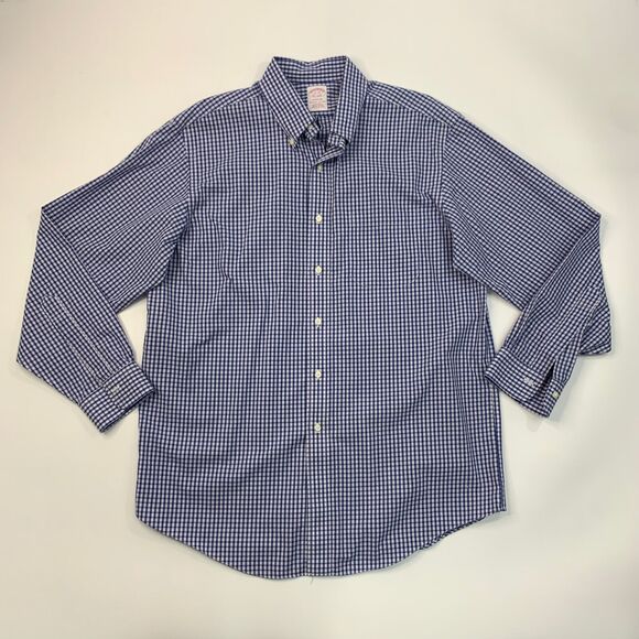 Brooks Brothers Shirt Mens 16 Blue Check The Original Polo Cotton Button Down - Picture 2 of 9